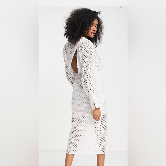 Wrap front broderie midi dress with blouson sleeve - Picture 2 of 4